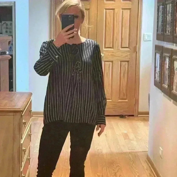 United Colors of Benetton Navy Striped Long Sleeve Blouse L - Picture 11 of 13